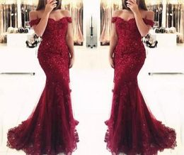 Fashion Burgundy Prom Dresses 2022 Long Mermaid Sequin Beading Lace Appliques Off shoulders Evening Formal Gowns pageant Dress5959880