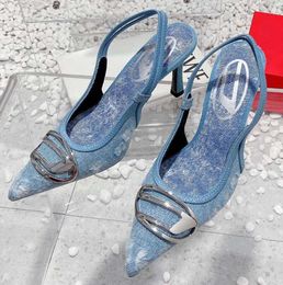 New Summer Design High Heels Vintage Denim Slim Heels Pointed Back Air Walk Show Baotou Sandals for Women 5516ess