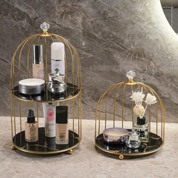 Storage Boxes Double Layer Iron Bathroom Makeup Rack 360° Rotating Bird Cage Lipstick Skincare Product Shelf Organiser Holders