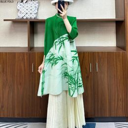 Casual Dresses MIYAKE PLEATS Loose Pullover Large Size Chinese Style Women's Mid-length Dress Bamboo Leaf Ink Print Elegant Vestido