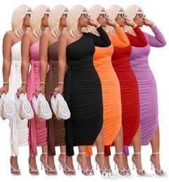 Sexy Women Designer Clothing Midi Dresses Single Shoulder Lotus Leaf Edge Slit Dress Solid Color Onepiece Skirt8323932