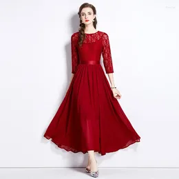 Casual Dresses 2024 Spring Summer Women Lace Patchwork Fashion Elegant O Neck Three Quarter Party Evening Maxi