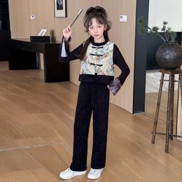 Clothing Sets Girls Suit 2024 Style Chinese Trend Wide Leg Pants Waistcoat Vest Three Piece Set Girl Long Sleeved Top And