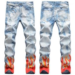 Men's Jeans 2021 Men's Light Color Hole Flame Digital Graffiti Printed Youth Slim PENCIL PANTS Men1 291E