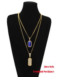 2pcs Sets Pendant BlackRedBlue Gemstone Big Rhinestones Dog Tag Cuban Chain Two Necklace Men Women HipHop Jewellery 2 Necklaces 5222663