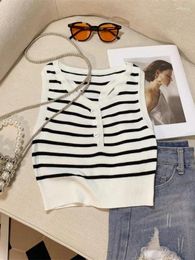 Women's Tanks Women Black White Striped Single Breasted V Neck Short Vest T-shirt Summer Slim Casual Sleeveless Knitted Pullover Tank Tops