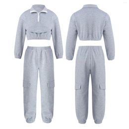 Clothing Sets Kids Girls Tracksuits Sport Workout Gym Fitness Outfits Long Sleeve Front Zipper Top Shirts Pants Outdoor Sportswear