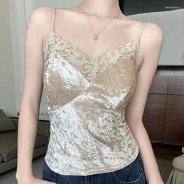 Women's Tanks Women V-Neck Spaghetti Strapy Sexy Crop Top Backless Pleated Lace Patchwork Tank Tops With Bra Sweet Casual Camis Summer