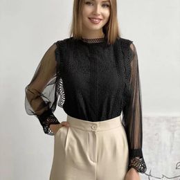 Women's T Shirts European And American Elegant Solid Color Mesh Long Sleeve Bubble Round Neck Top Lace Shirt