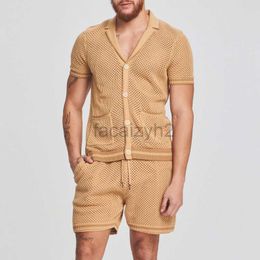 Men's Tracksuits streetwear Casual loose short sleeved shirt and shorts, fashionable solid color knitted two-piece men's sports set Plus Size set