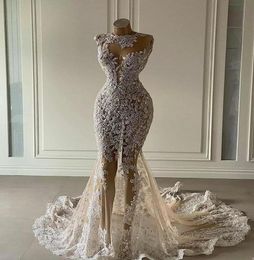 2022 Modest Mermaid Wedding Dresses Illusion Bridal Gown Sweep Train Crystals Beaded Lace Applique Tulle Sleeveless Custom Made Pl1254582