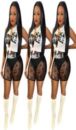 Sexy Women Two Piece Lace Mesh Shorts Set Fashion Cardigan Letter Printed Tshirt Irregular Split Outfits8156270