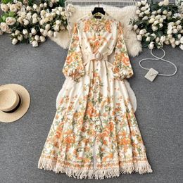 Casual Dresses Autumn Elegant For Women O-neck Long Puff Sleeve Floral Print Skinny Vestidos Court Style Ladies Dress Drop