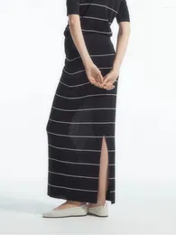 Skirts Thin Stripes Skirt Women Elastic High Waist Slit 2 Colors Simple Ladies Midi Jupe Summer 2024