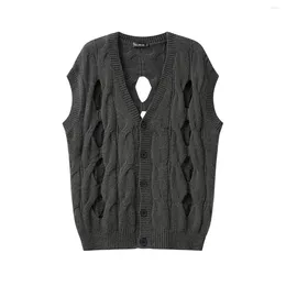 Men's Vests Gray Hollow Knitted Vest Sweaters Oversized Solid Color V Neck Cardigan Mens Mohair Sleeveless Knitwears Harajuku