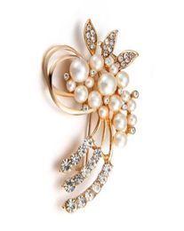 Fashion Jewelry High Quality Vintage Gold Color Brooch Austria Crystals Pearl Flower Brooch Wedding Accessories6076740