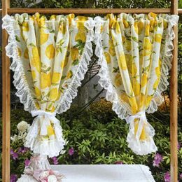 Curtain 1Panel Yellow Lemon Print Tulle Curtains With White Lacework Pastoral Small Window Kitchen Short Drapes Cabinet Dust Decor