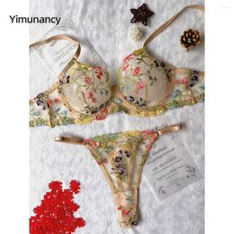 Bras Sets Yimunancy Floral Embroidery Lingerie Set Women Sheer 2-Piece Boho Bra Panty Underwear Intimates