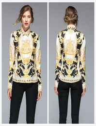 New Elegant Baroque Print Vintage Shirts Women Long Sleeve Lapel Neck Ladies Button Shirt Blouses Slim Office Designer Shirts Tops7601539