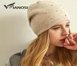 VIANOSI Brand Winter Wool Hats for Women Warm Beanies Hat New Fashion Design Caps With Pearl Touca9123418