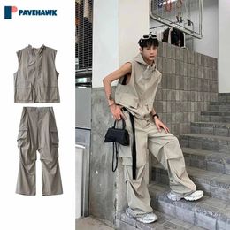 Summer Loose Casual Set Mans Japanese Zipper Hooded Vest Baggy Cargo Pants Male Two Piece Sets Harajuku Vintage Sports Suits 240424