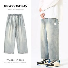 Men's Jeans Spring Summer Casual Ankle Length Straight Vintage Elastic Waist Drawstring Wide Denim Pants Streetwear