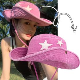 Women Punk Pink Stars Western Cowboy Hat Foldable Y2K Summer Denim Outdoor Hiking Hats Fisherman Hat with Sun Protection Cap 240430