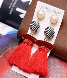 JOUVAL Fashion Tassel Earrings for Women Simulated Pearl Vintage Stripe Cotton Jewelry Big Statement Drop Earrings Female Brinco4566179