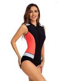 Women's Swimwear Contrast Colour Zipper Front Sleeveless One-Piece Swimsuit Crew Neck Rash Guards Tankini Set 2024 Surfing Suit Beachwear