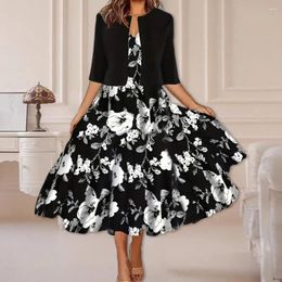 Casual Dresses 2 Pcs Women Coat Dress Set Half Sleeve Solid Colour Cardigan Floral Print V Neck A-line Commute Lady Midi