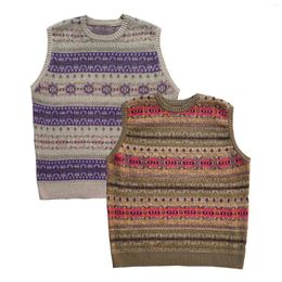 Men's Vests 2024 Kapital Vintage Ethnic Striped Knitted Vest For Men INS Bone Framework Retro Floral Round Neck Sweater