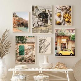 o Pastoral Italian Town Wall Art Home Garden Plants Canvas Car Bicycle Courtyard Poster and Printed Living Room Bedroom Decoration J240505