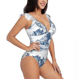 Women's Swimwear Ruffle Women Sexy One Pieces Swimsuit Female Classic French Town Toile Monokini Bathing Suit Beachwear