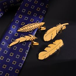 Men's personality fashion flat stainless steel feather tie with decorative non-fading premium tie clip