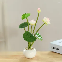 Decorative Flowers Lotus Small Bonsai Ceramic Basin Simulation Flower Leaf Pot Artificial Plant Home Office Desktop Decoration