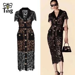 Basic Casual Dresses Tingfly Designer Runway High Quality Lace Party Dinner Dress Summer Button Decoration French Fashion Slim Fit Dress Q240430
