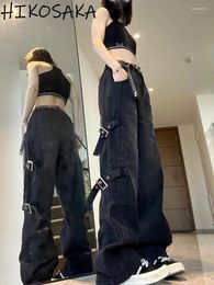 Women's Jeans American Vintage Cargo Black Women Summer Metal Buckle Belt Wide Leg Pants Korean Style Streetwear Y2k Vaqueros 90s