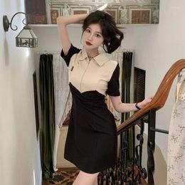 Casual Dresses Fashion Patchwork Polo Neck Short Sleeve Split Dress Women's High Waist Slim Midi French Korean Elegant Vestidos Y2k