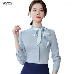 Women's Blouses NAVIU Style Summer Autumn Fashion Formal Ladies Shirt Women Tops Slim Elegant Office Stand Bow Blue White Blouse Work Wear