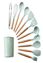 Silicone Kitchen Tools Cooking Sets Soup Spoon Spatula Shovel with Wooden Handle Heatresistant Cooking Tools Accessories T20041527503615