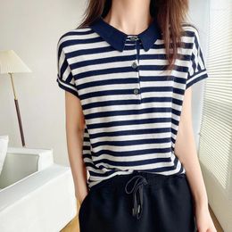 Women's T Shirts Cotton Sweater Short Sleeve Striped Knitted Turn-down Collar Ladies Tops Loose Blouse Pullover Tees Buttons