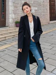 Women's Suits LANMREM Mid Length Blazer For Women Notched Long Sleeves Solid Colour Double Breasted Coat Versatile 2024 Clothing 2Z1267