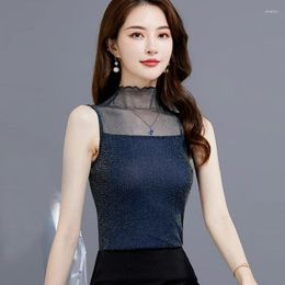 Women's Tanks Shiny Lurex Lace Transparent Mesh Casual Summer Women Tank Tops 2024 Solid Color Sleeveless Shirt Camisole Female Slim Black