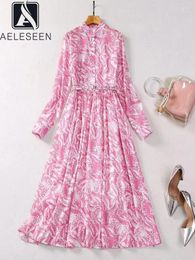 Casual Dresses AELESEEN Runway Fashion Long Dress Women Spring Summer Full Sleeve Blue Pink Flower Print Belt Bohemian Elegant Party Holiday