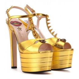 Free shipping 2024 new women lady 6cm Platform Spiked rivets Sandals Women Striped Metallic 16CM Heels Pumps patent peep-toe Wedding Shoes Mary Jane gold size 34-42