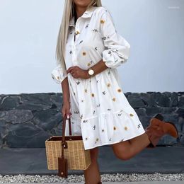 Casual Dresses Elegant Long Sleeved Button Shirt Dress Yellow Daisy Print Spring Women Turn-down Collar Pleated Mini Vestido