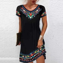 Basic Casual Dresses M-3XL Vintage Elegant Ethnic Dress for Women 2023 Summer Loose Bohemian Beach Midi Dress Casual Female Clothing Pullover Skirt T240505