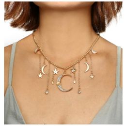 Diamond Studded Stars And Moon Tassel Pendant Chain Long Single Layer Necklace Choker Fashion AccessoriesFashion Jewelry8822803