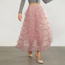 Skirts Puloru Sequins Trim Mesh Tiered Long For Women Elegant High Elastic Waist Ruffles Tutu Layered Skirt Aesthetic Clothes