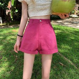 Women's Jeans 2024 Summer Rose Red Denim Shorts Women's Sweet And High Waist Curling Pants Wide Leg